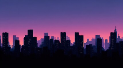 Fototapeta premium City skyline silhouettes at dawn with tall buildings and skyscrapers in black and white, soft pastel pink, orange, purple, and blue sky creating tranquil modern urban sunrise atmosphere.