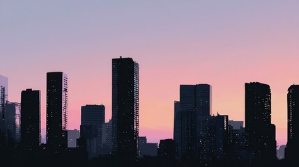 Fototapeta premium City skyline silhouettes at dawn with tall buildings and skyscrapers in black and white, soft pastel pink, orange, purple, and blue sky creating tranquil modern urban sunrise atmosphere.