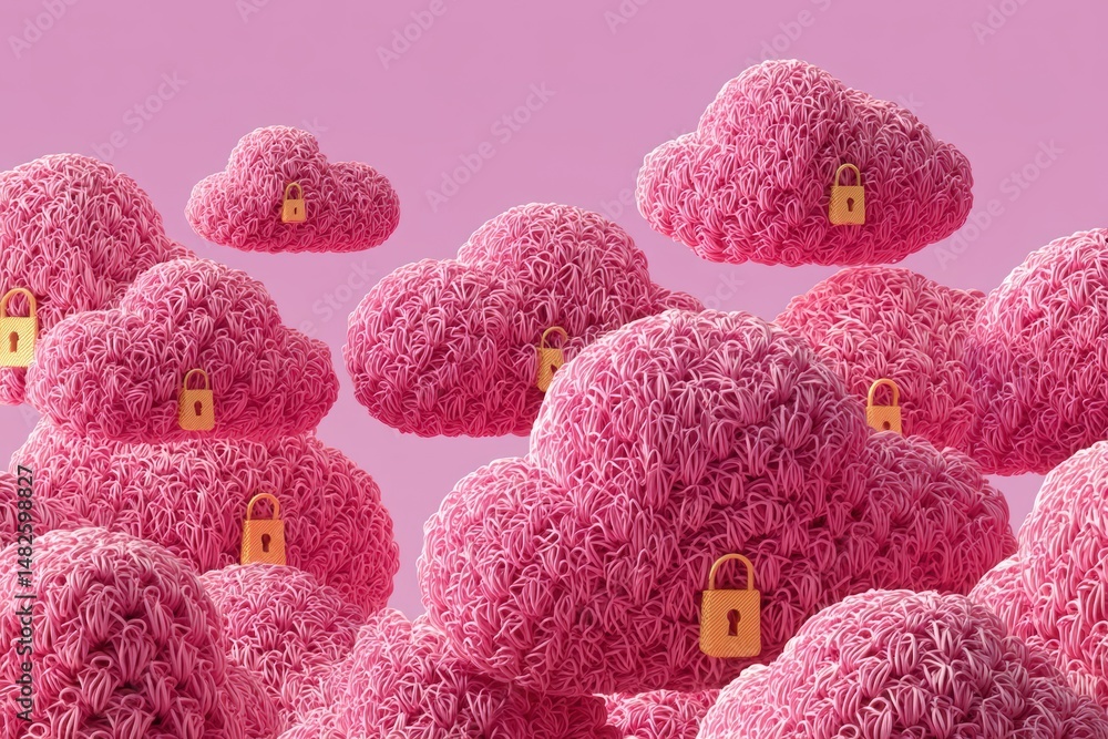 Poster pink cloud shapes with lock icons symbolize secure cloud storage and data protection against a paste