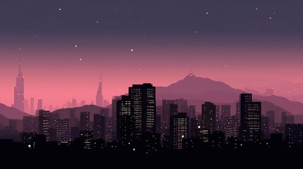 Fototapeta premium City skyline silhouettes at dawn with tall buildings and skyscrapers in black and white, soft pastel pink, orange, purple, and blue sky creating tranquil modern urban sunrise atmosphere.