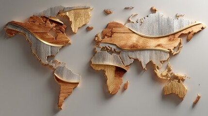 World map,  wood and metal design.  Detailed, artistic world map crafted with light brown and gray wood panels, showing continents
