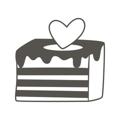 Piece of cake with cream and heart-shaped decor. Sweet biscuit pastry. Black hand drawn silhouette of portioned dessert, vector element