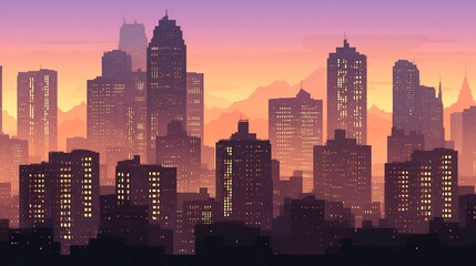 Fototapeta premium City skyline silhouettes at dawn with tall buildings and skyscrapers in black and white, soft pastel pink, orange, purple, and blue sky creating tranquil modern urban sunrise atmosphere.