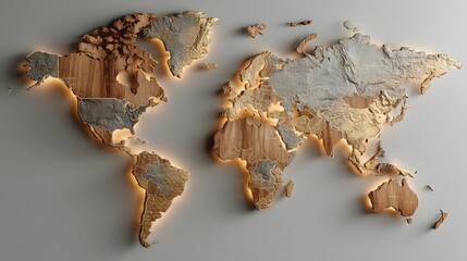 Obraz premium World map crafted from wood and stone, illuminated