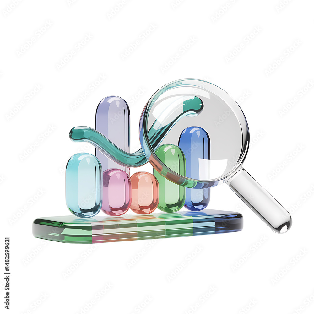 Poster analyzing colorful glass chart data with magnifying glass on transparent background