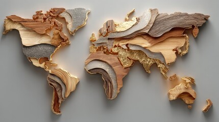 World map crafted from layered wood and gold.  Intricate  design showcases  varied shades of wood and gold