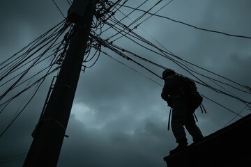 Silhouette of a Soldier Against Dark Sky and Power Lines