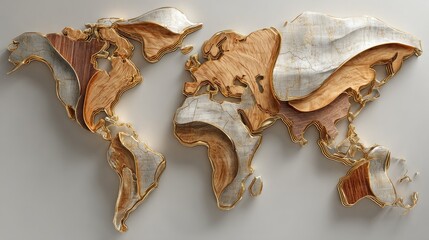 World map design, wood and stone layers