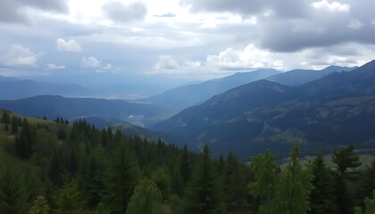 Majestic Mountain Range Vista Embraced by Emerald Forests Under a Cloudy Sky