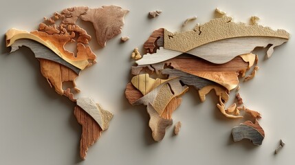 World map crafted from various shades of wood, showcasing a layered and textured design