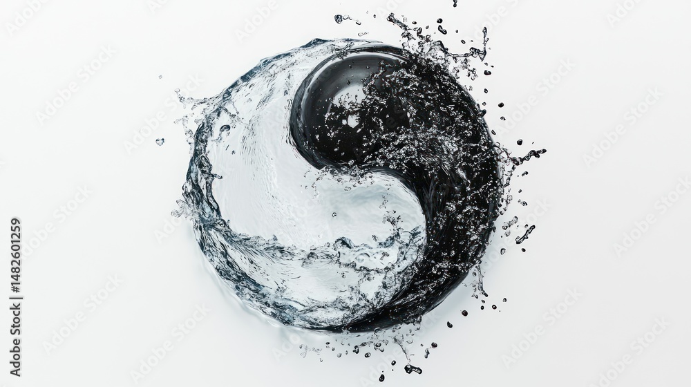 Poster dynamic yin and yang symbol surrounded by water splashes.