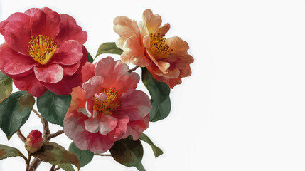 Vibrant blooming camellia flowers with lush green leaves in a botanical illustration style perfect for floral design and nature themed projects