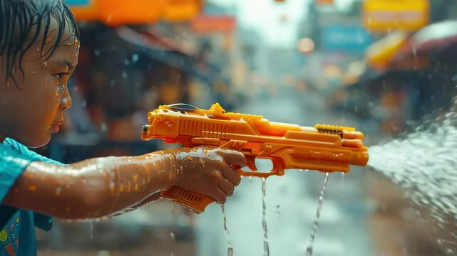 Child's hands in profile shooting water gun on street in Thailand, Songkran, Thai New Year, Bangkok, game, boy, Asia, April 13, summer fun, childhood