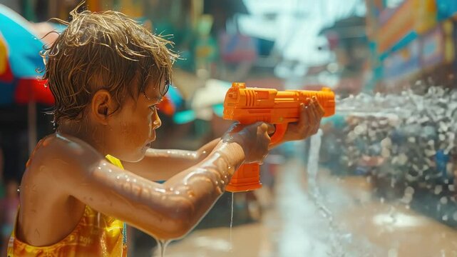 Child's hands in profile shooting water gun on street in Thailand, Songkran, Thai New Year, Bangkok, game, boy, Asia, April 13, summer fun, childhood
