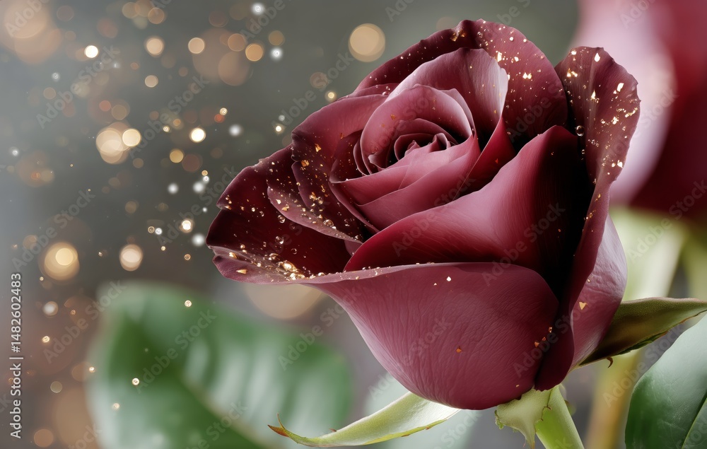 Poster elegant rose with sparkles against a blurred background in soft light