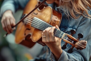 Fototapeta premium Close-up of a musician playing a violin outdoors, surrounded by a vibrant, lush garden setting