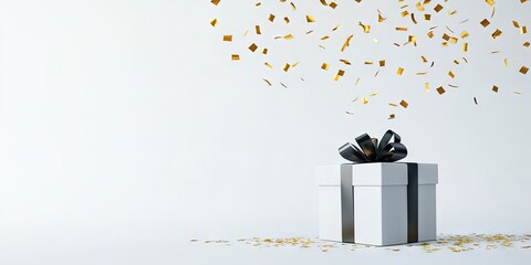 Elegant gift box with black ribbon and falling golden confetti on a white backdrop