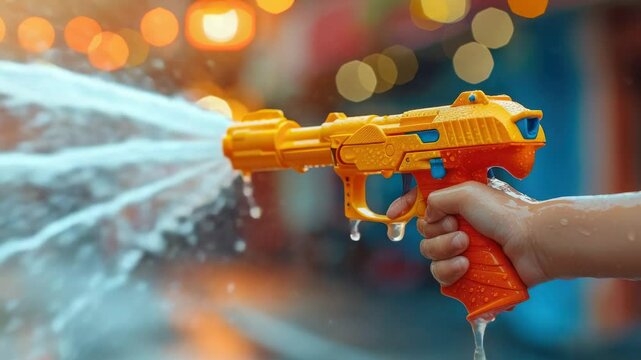 Child's hands in profile shooting water gun on street in Thailand, Songkran, Thai New Year, Bangkok, game, boy, Asia, April 13, summer fun, childhood