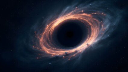 
 Black Hole in Deep Space - Realistic depiction of a black hole with swirling gas and light distortion, pulling surrounding stars into its gravitational field.
