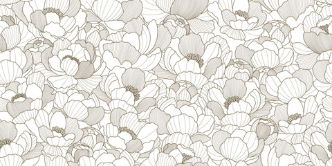 Luxury seamless pattern with oriental peony flowers and leaves. Asian vector background of lines art texture. Chinese illustration for wallpaper, card, poster, packaging, advertising