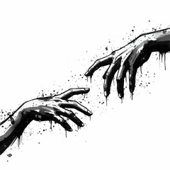 Monochrome artwork depicting two hands reaching for each other, made in a subtle ink splatter artistic style, emphasizing connection, creativity, and abstract concepts.
