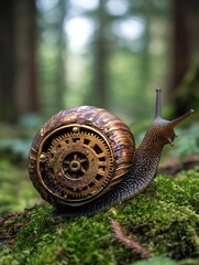 Close up of a snail crawling on green moss in a forest setting with soft natural light