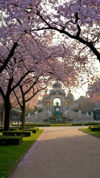 Blossoming cherry trees frame triumphal arch in parc du cinquantenaire
