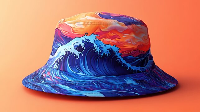Colorful bucket hat with wave design.