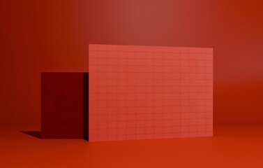 Minimalist geometric composition featuring red structures on a vibrant red background. 3c