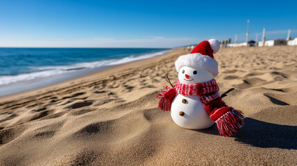 Cute snowman on the sand beach