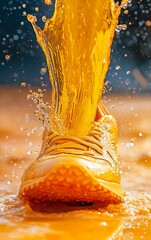 Vibrant orange liquid splashing across a smooth surface creating dynamic textures and ripples captured in high detail
