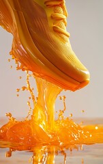Foot making contact with liquid surface creating ripples and splash effect in warm vibrant colors
