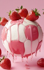 Delicious dessert with strawberries on pink background featuring creamy white and pink swirls ideal for culinary inspiration