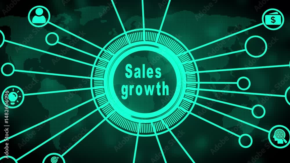 Poster animated concept of sales growth emphasizing global expansion and business development with futurist