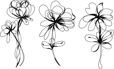 Three Abstract Line Art Flowers Black and White Botanical Illustrations