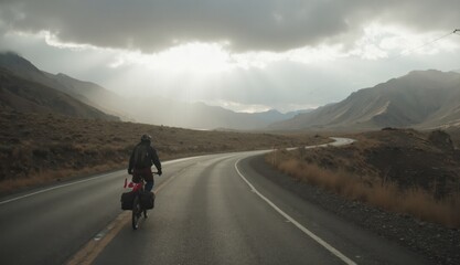 A solo cyclist with panniers and helmet rides along a winding mountain highway under cloudy skies with a small Canadian flag attached to the bicycle