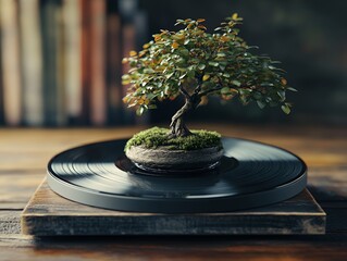 Miniature bonsai tree in a shallow pot on a notebook with warm natural light