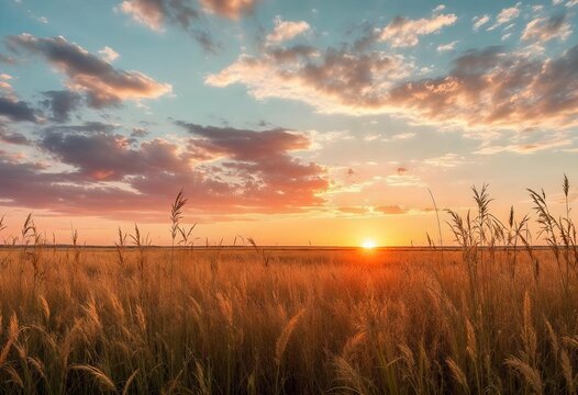 Golden sunset illuminating grass field under cloudy sky - Powered by Adobe