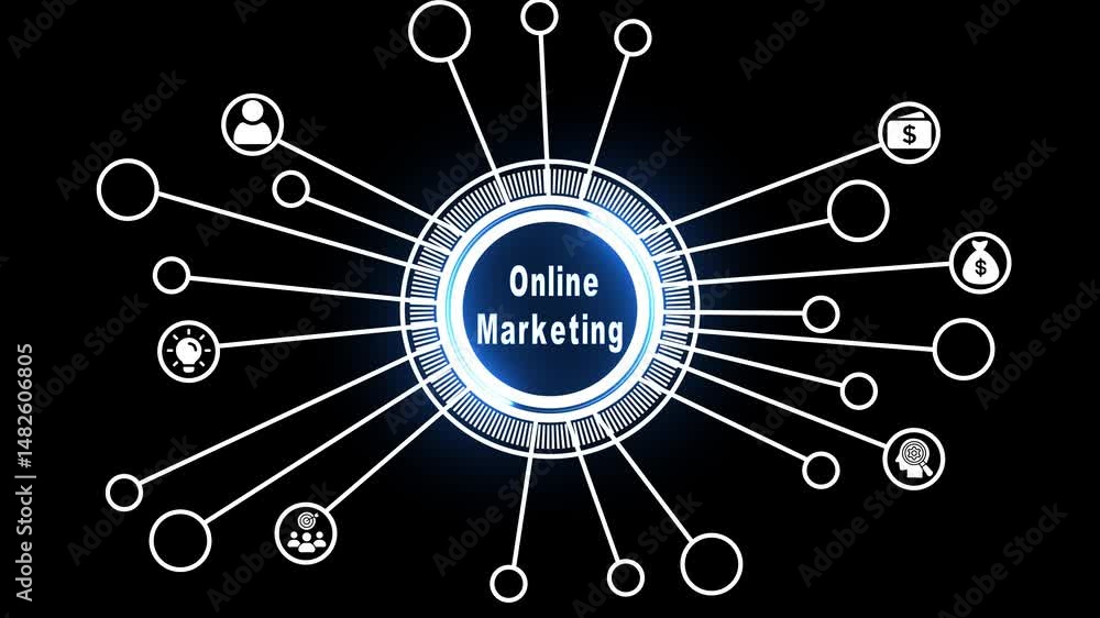 Poster digital online marketing concept with abstract circular design and futuristic technological visualiz