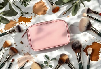 Pink makeup bag surrounded by cosmetics brushes and foundation powder on marble table