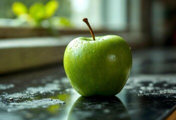 Fresh green apple resting on wet kitchen counter
