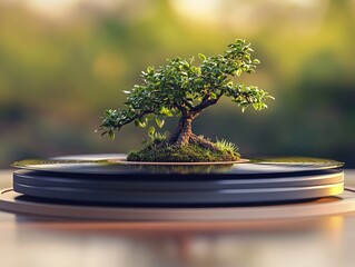 Close up of a green bonsai tree in a minimalist pot against a soft focus background of natural light