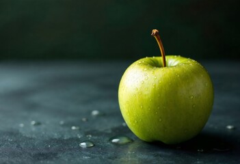Fresh green apple covered with water droplets on dark background