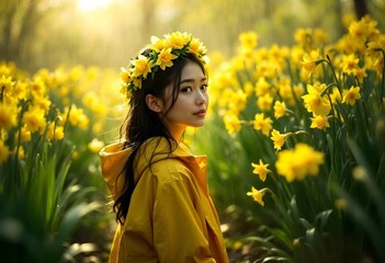 Young woman wearing flower crown standing in blooming narcissus field