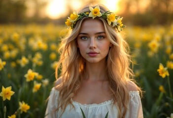 Beautiful blonde woman wearing flower crown in a field of daffodils at sunset
