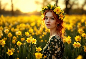 Beautiful redhead woman wearing flower crown in a field of blooming daffodils at sunset