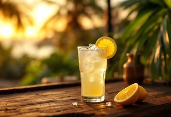 Refreshing lemonade illuminating tropical sunset on rustic wooden table