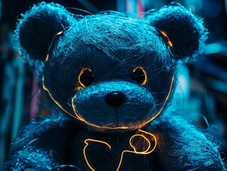 Cute blue teddy bear surrounded by a mystical environment with vibrant lighting and rich textures for editorial and commercial use