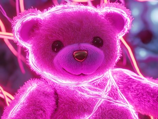 Vibrant pink bear toy with neon glow against a colorful abstract background