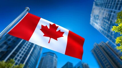 Waving Canadian flag on a bright sunny day in an urban cityscape. Perfect for Canada Day, national holidays, or patriotic themes. AI generative 4K video